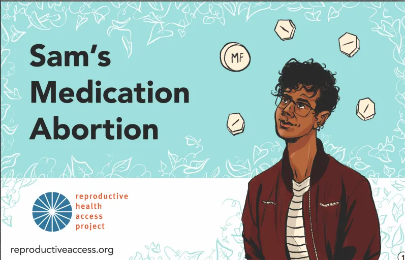 Photo of a nonbinary person named Sam on cover of Medication Abortion Zine graphic