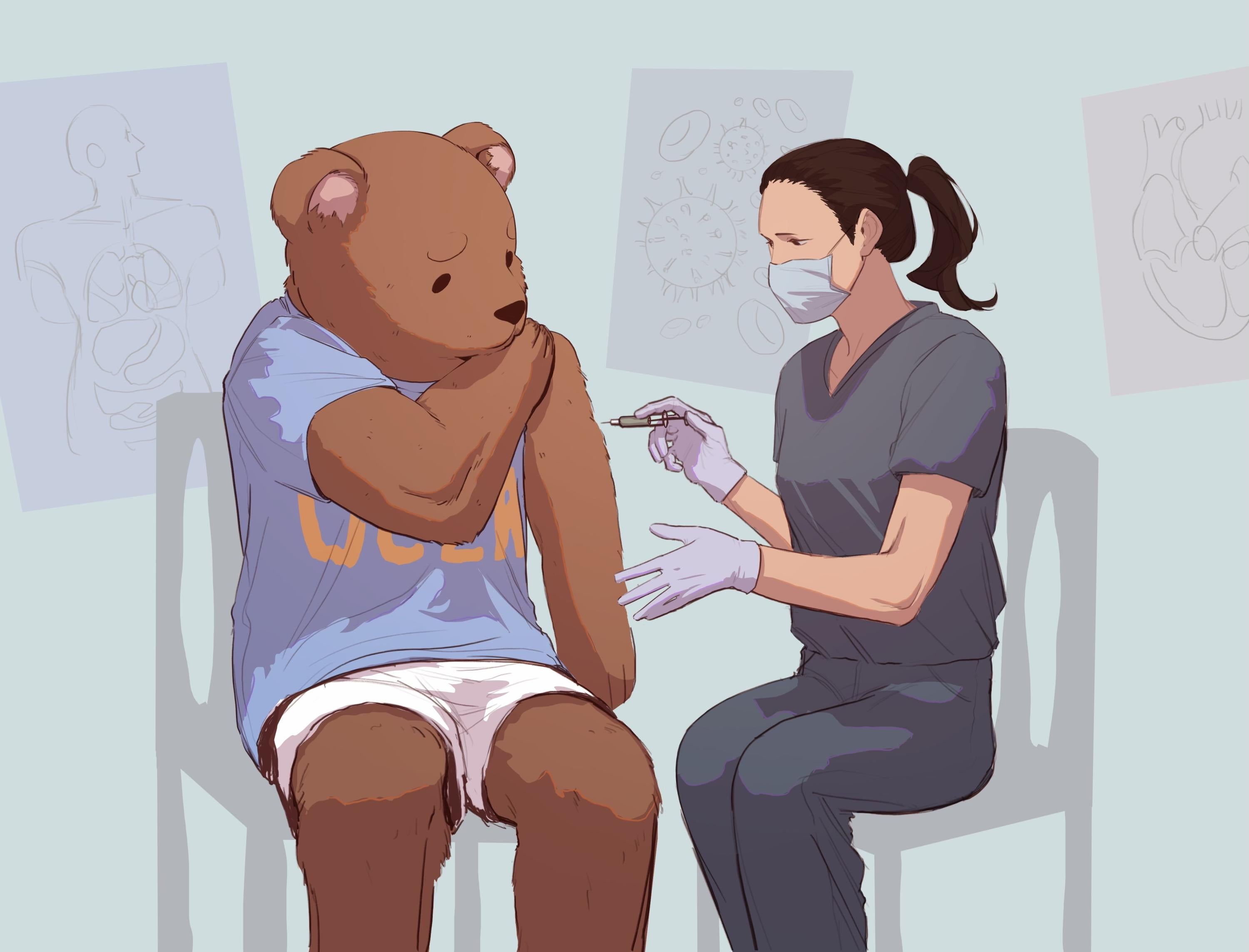 Daily Bruin editorial cartoon of Joe Bruin receiving a flu shot