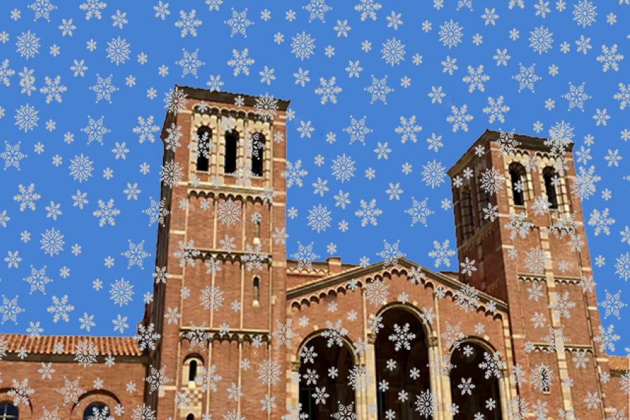 Snowflake art superimposed over Royce Hall to advertise Campus Winter Closure